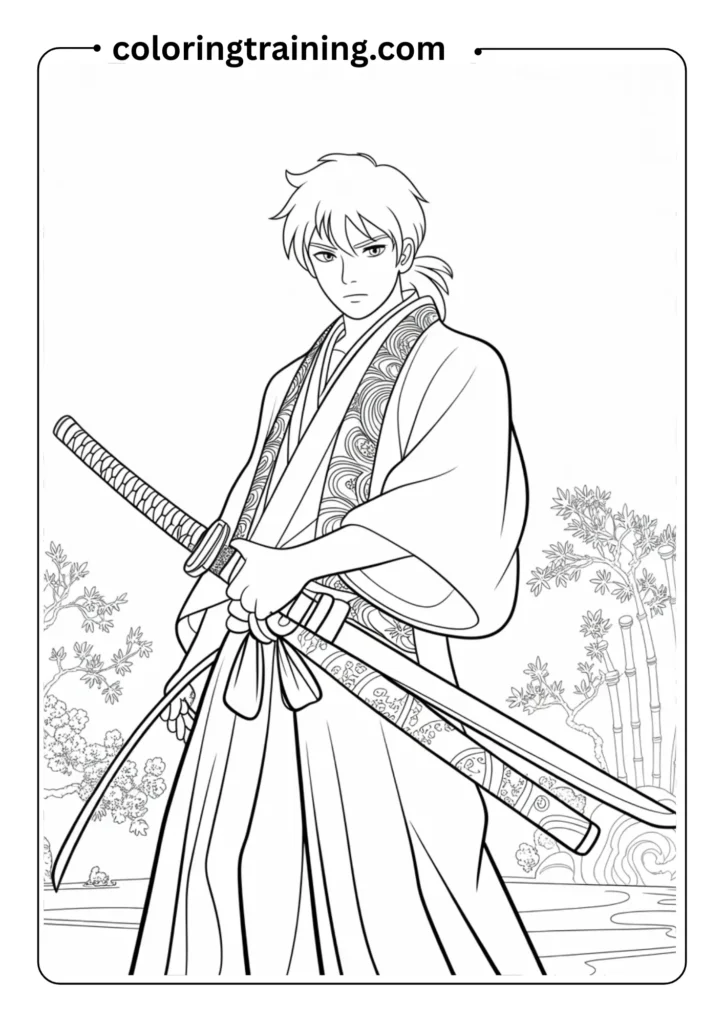 Traditional samurai anime character with long robes and sword, serious expression, outlined for coloring
