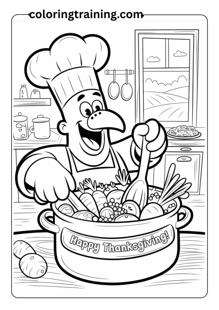 Turkey chef cooking in the kitchen, stirring a pot with vegetables, funny cartoon outline