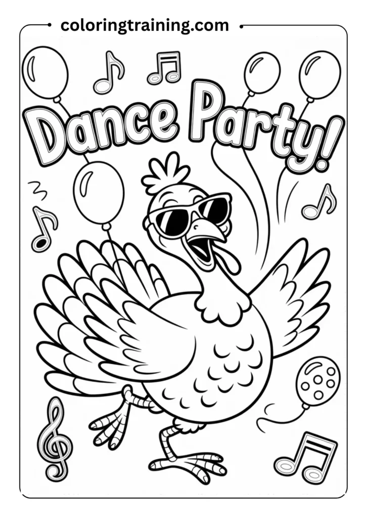 Turkey dancing with sunglasses and a bow tie, fun cartoon style, outlined for kids coloring page