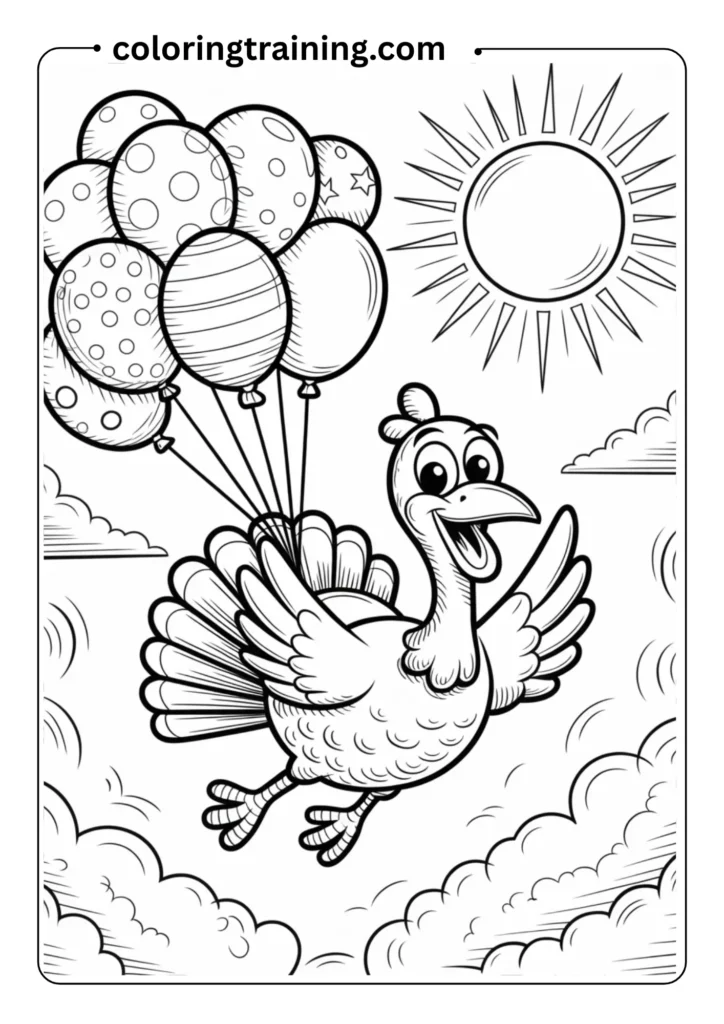 Turkey flying with balloons through the sky, cartoon-style outline for a whimsical coloring page