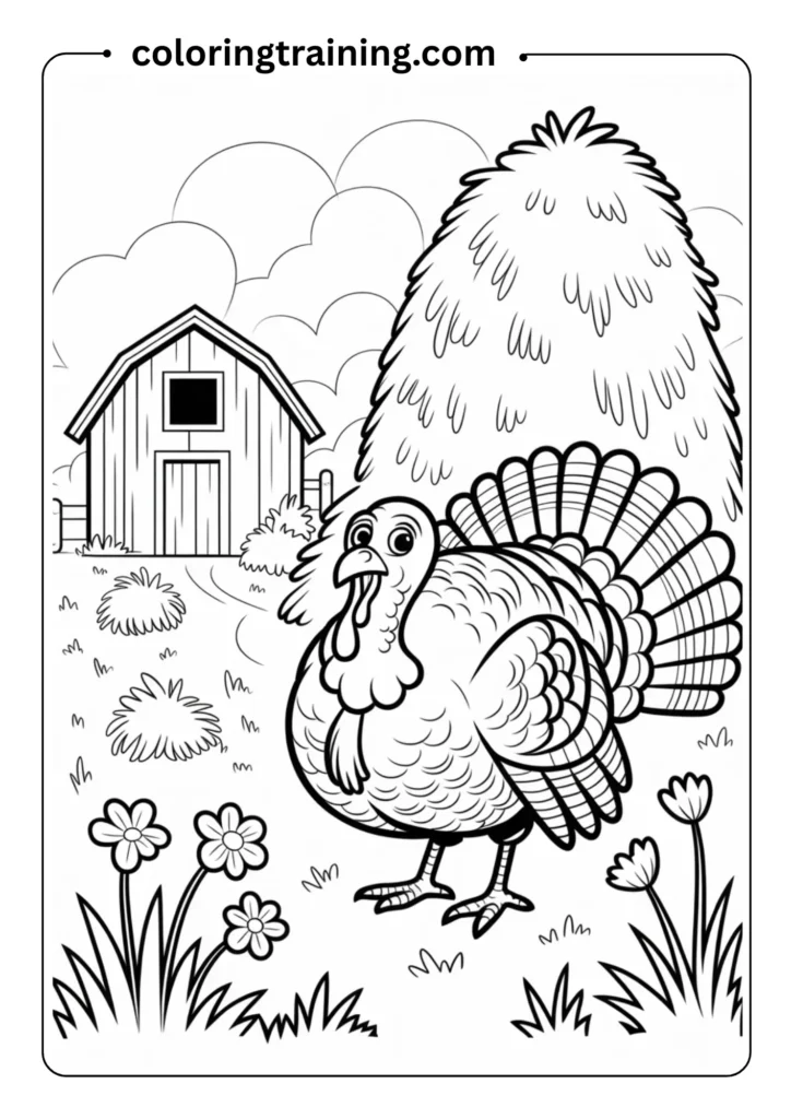 Turkey hiding behind a haystack in a barnyard, peeking out playfully, outlined country scene