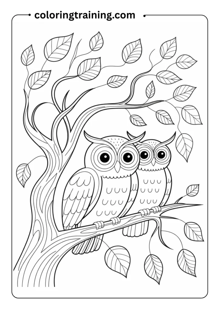 Two owls sitting on a bare tree branch with fall leaves swirling in the background