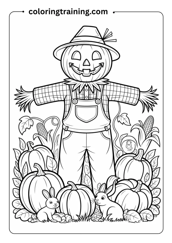 Whimsical coloring page showing a friendly scarecrow with a pumpkin head standing guard in a pumpkin patch. The scarecrow wears