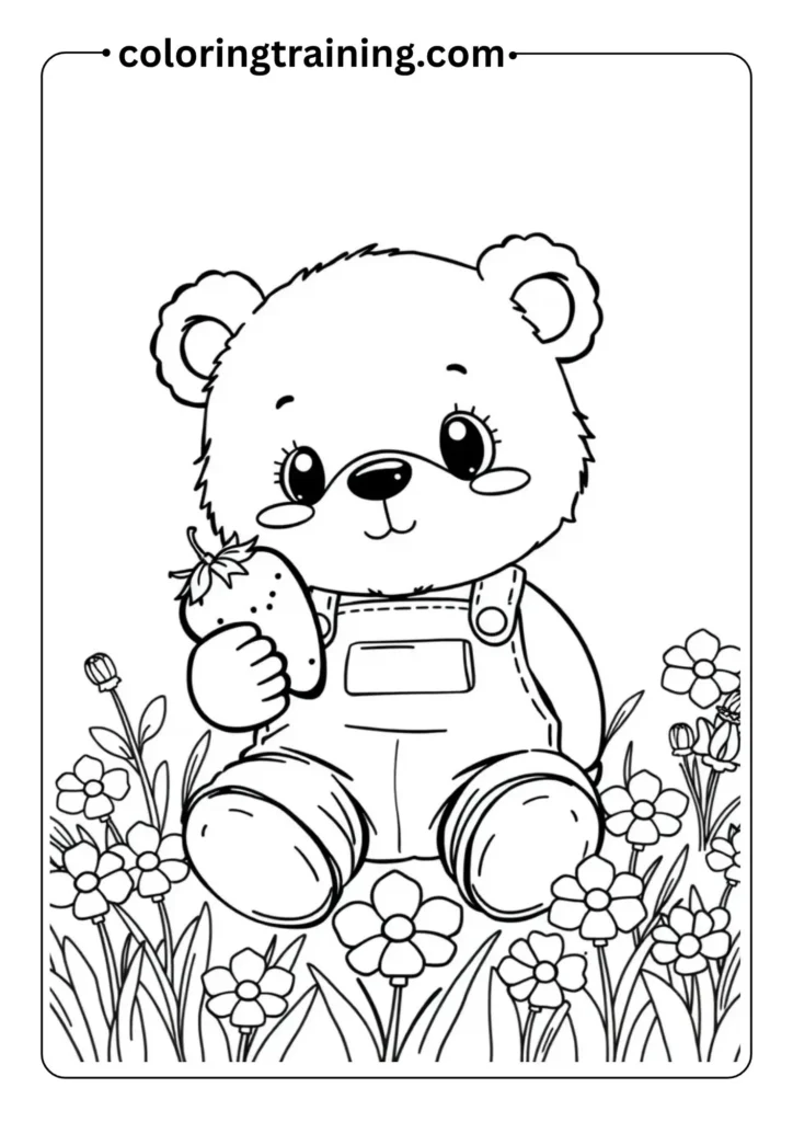 A cozy bear wearing overalls, sitting in a field of flowers, holding a strawberry — outline only, coloring page style