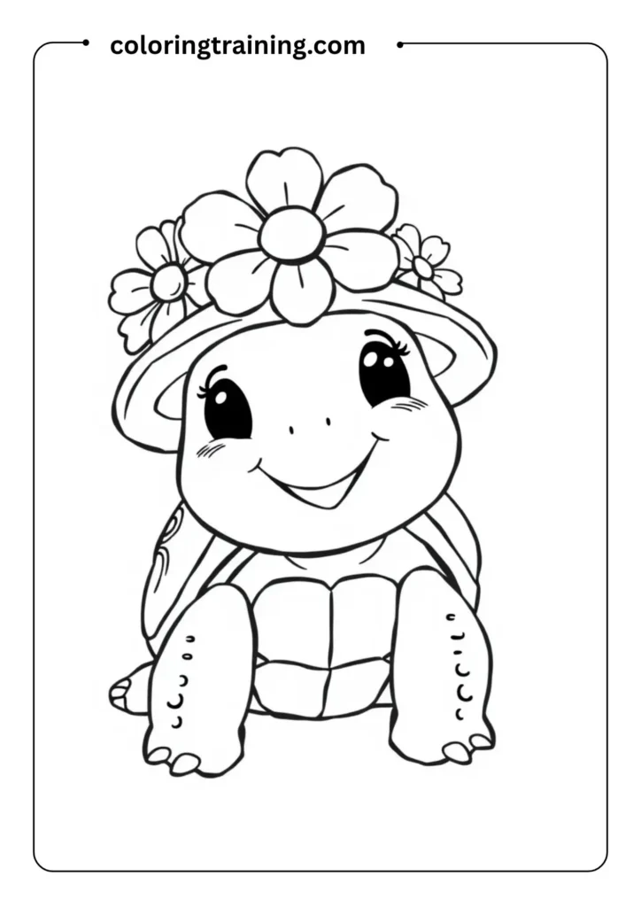 Black-and-white line art of a happy turtle wearing a tiny flower hat,