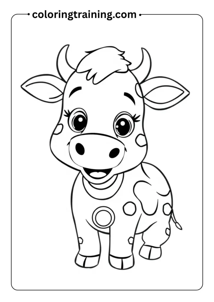 Cartoon cow with spots, a bell collar, and a big friendly smile, in outlined coloring page style for preschoolers