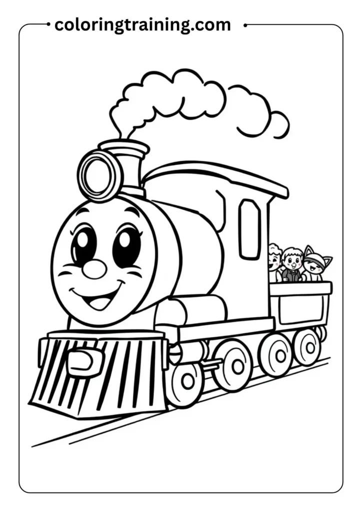 Cartoon outlined train with a smiling face, puffing smoke, and carrying toys in its cars