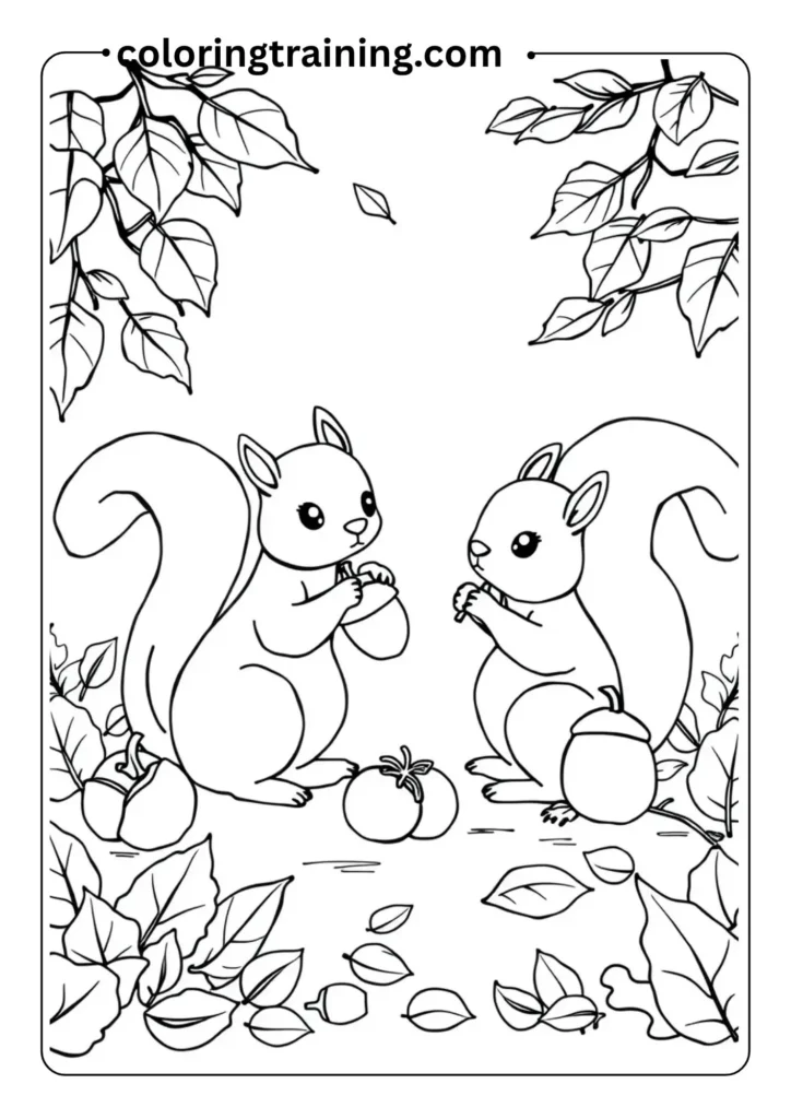 Cute autumn scene with squirrels, acorns, and falling leaves, in thick, outlined coloring page style