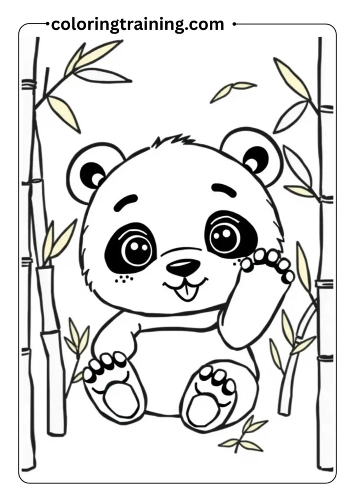 Cute baby panda waving, sitting among bamboo sticks, in a bold line cartoon coloring page aesthetic
