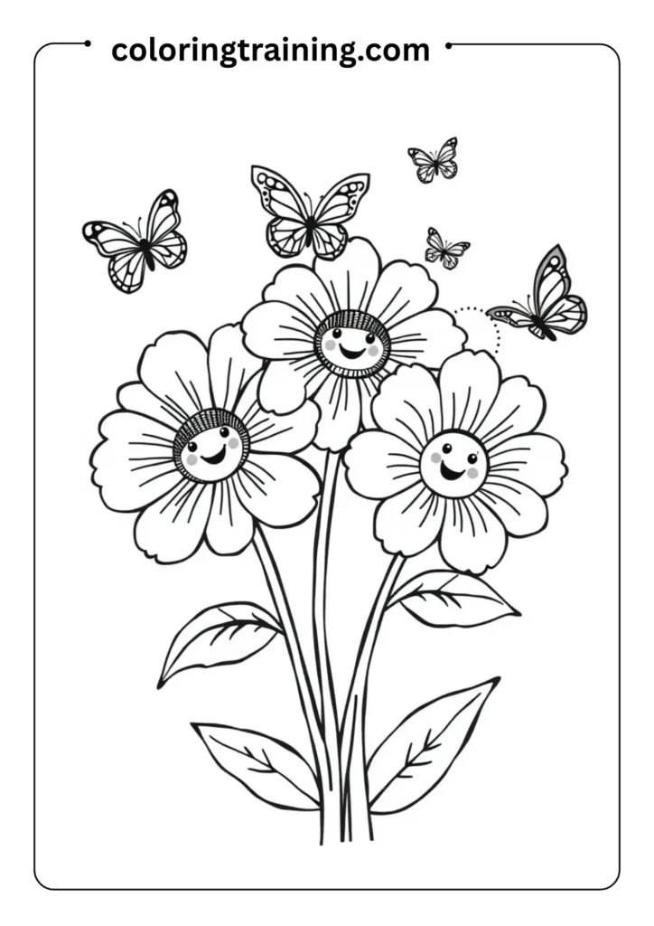 Cute monster with three eyes and big feet, holding a balloon and smiling, in an easy coloring page aesthetic