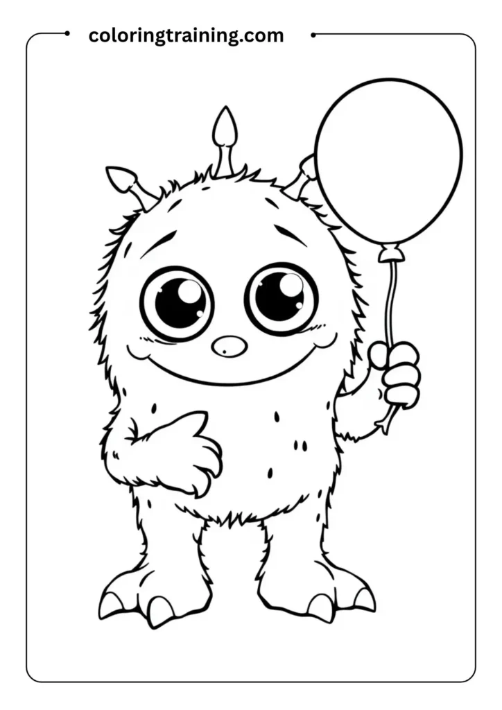 Cute monster with three eyes and big feet, holding a balloon and smiling, in an easy coloring page aesthetic