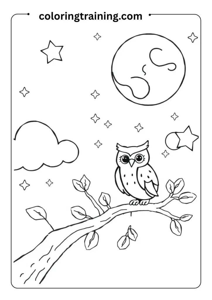 Cute night sky with outlined moon, stars, and an owl on a branch, in simple cartoon style for children
