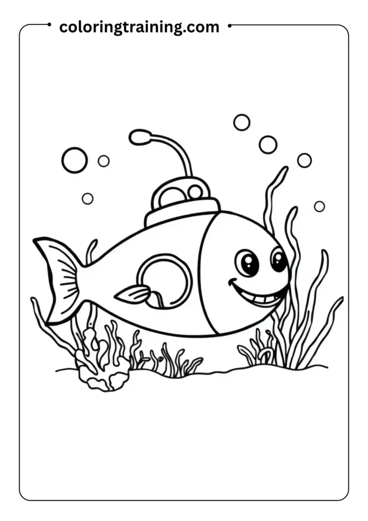 Cute submarine with fish, seaweed, and bubbles surrounding it, drawn in a thick-outline coloring style