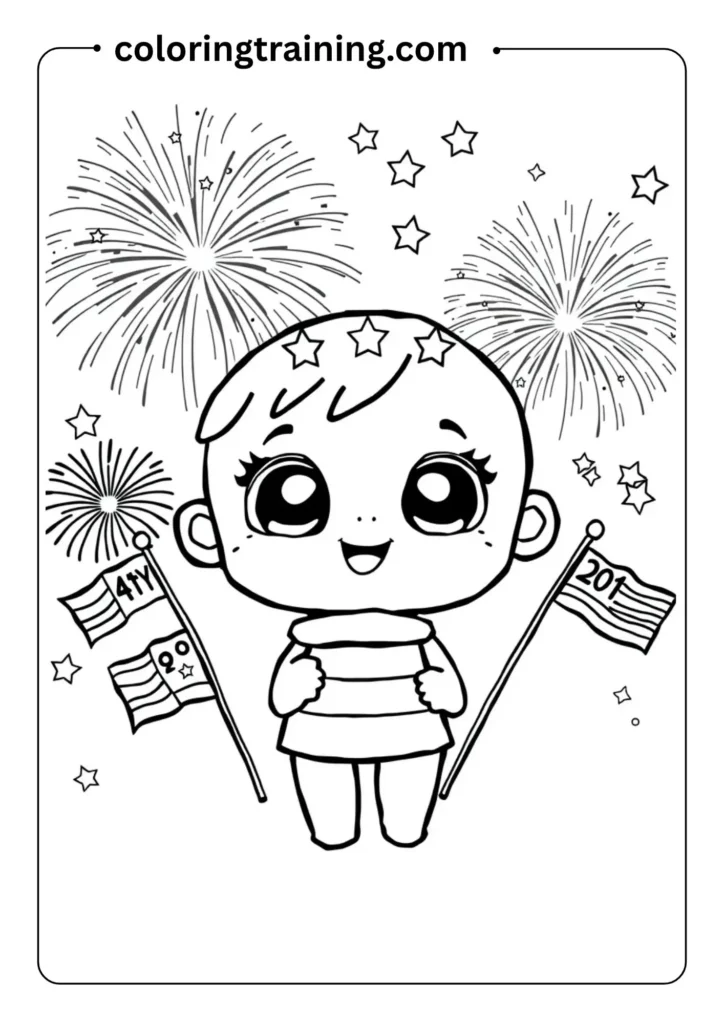 Fireworks, stars, and flags in a simple 4th of July celebration scene, designed for preschool coloring books