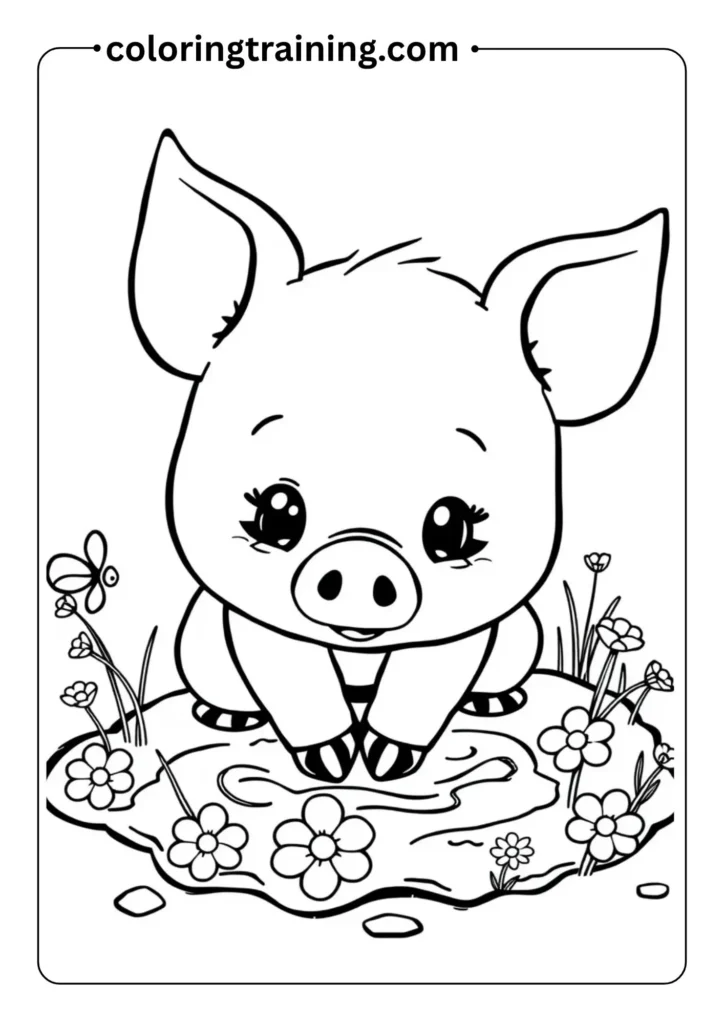 Happy piglet playing in the mud, with little flies and flowers around, in bold line art for young kids