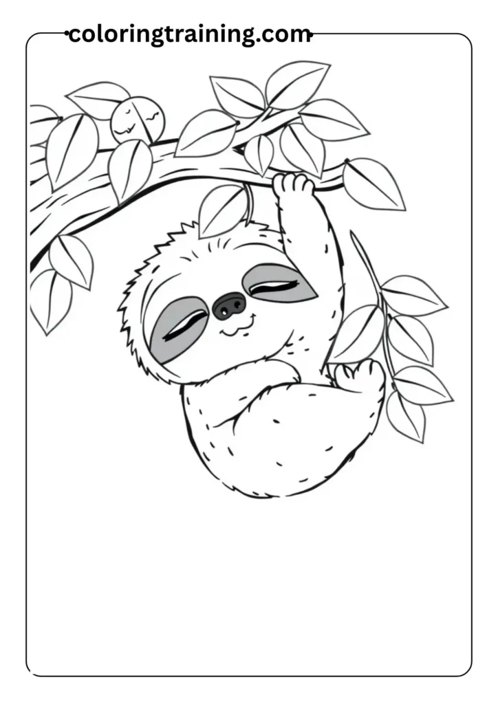 Line art of a sleepy sloth hanging from a tree branch, with leaves around it, simple for children to color