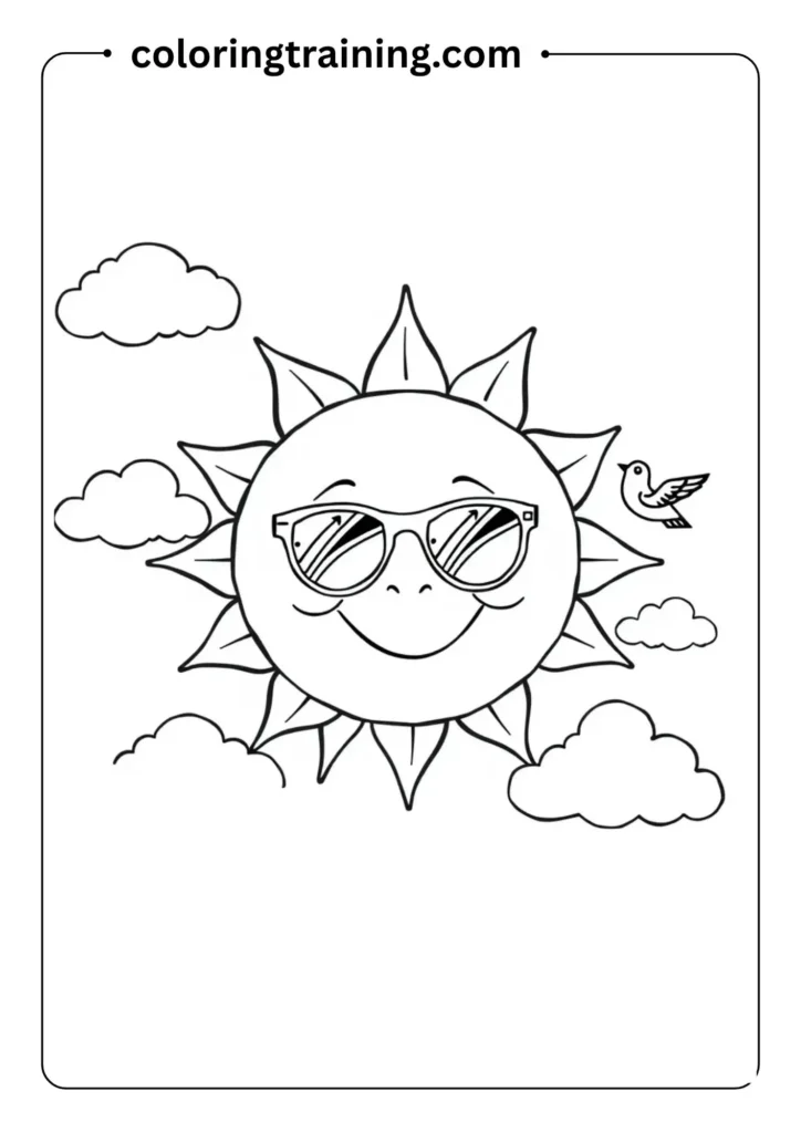 Line art of a smiling sun wearing sunglasses with clouds, birds, and a rainbow around it, easy to color