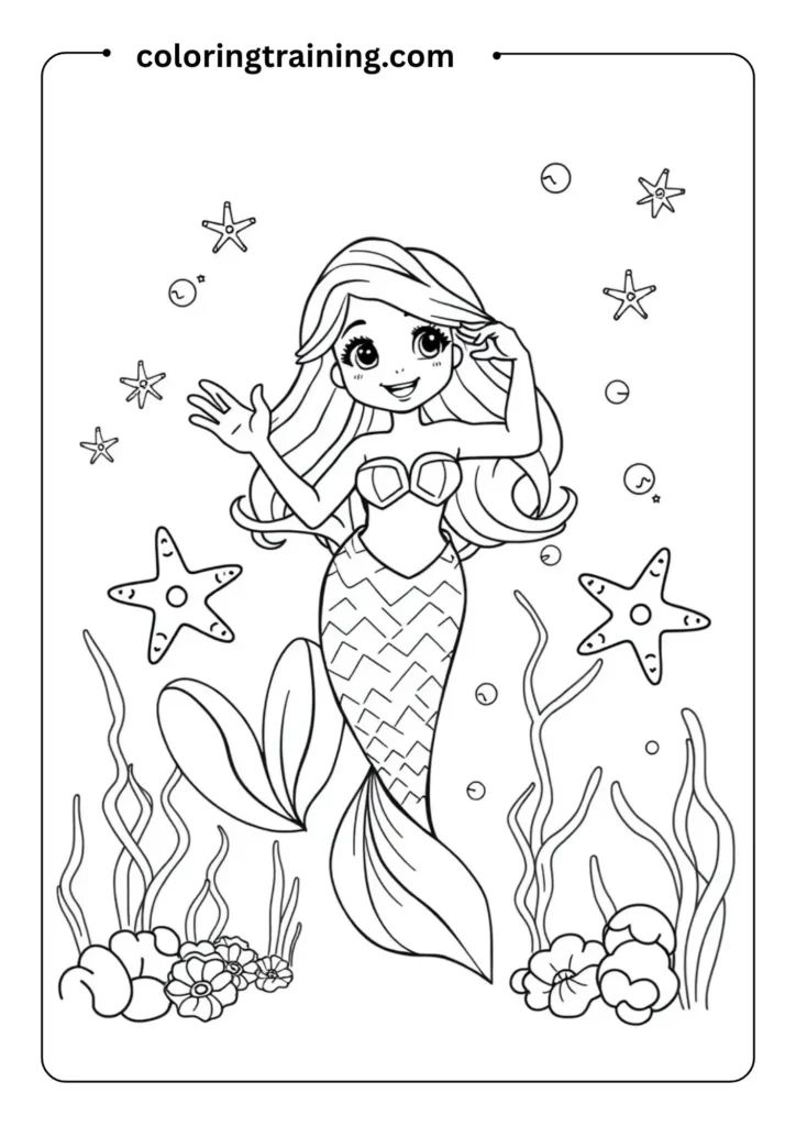 Mermaid waving underwater with starfish, shells, and seaweed, drawn in playful cartoon line art