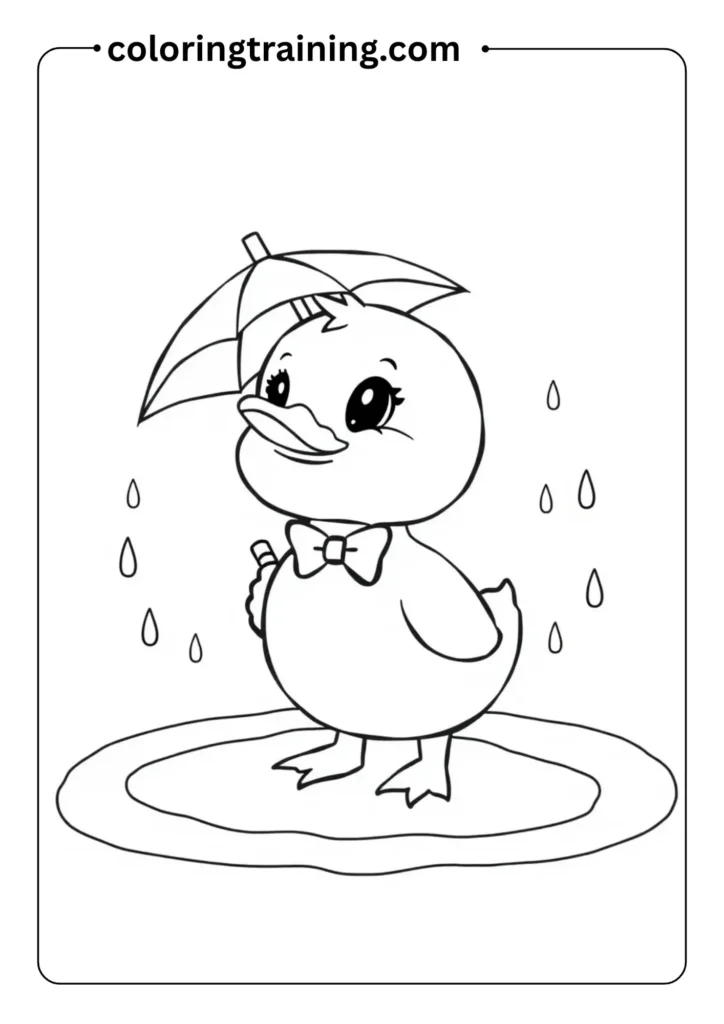 Outline drawing of a duckling with a bowtie, standing in a puddle, surrounded by raindrops and a tiny umbrella
