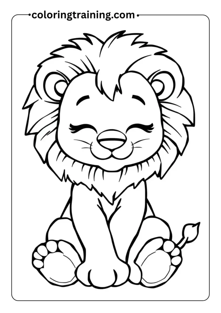 Outline of a baby lion sitting with a fluffy mane, closed eyes, and a cute little tail in a kids’ coloring page style
