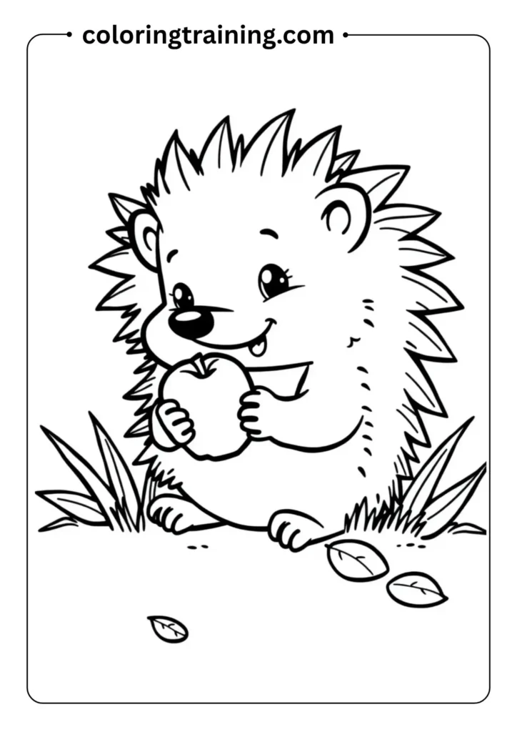 Outlined cartoon hedgehog holding a tiny apple, with grass and leaves around it, in a coloring page style