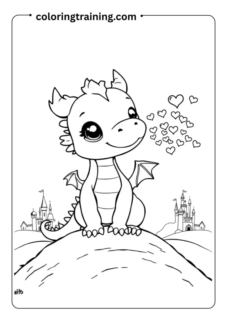 Outlined dragon blowing tiny hearts instead of fire, standing on a hill with castles in the distance