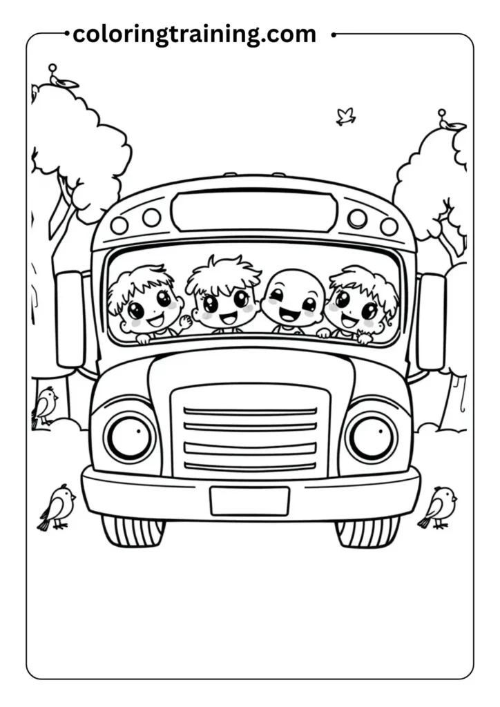 Outlined drawing of a cartoon school bus with happy faces in the windows, surrounded by trees and birds