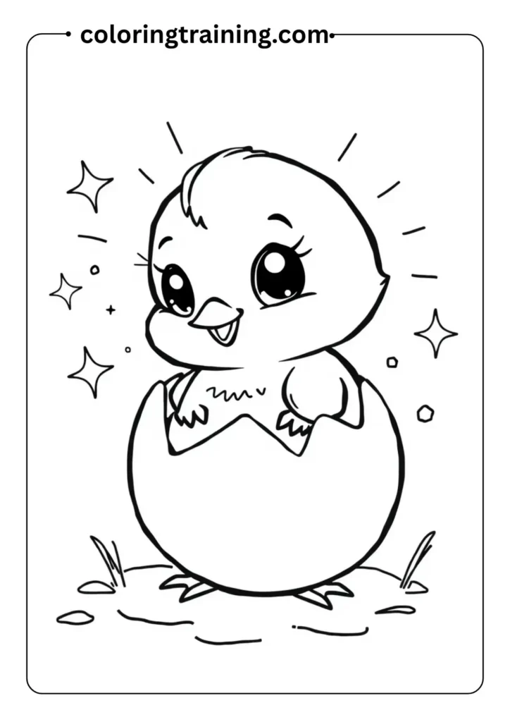 Outlined drawing of a cute baby chick breaking out of an egg, with sparkles and sunshine in the background