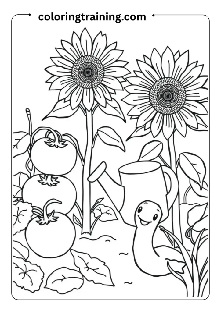 Outlined garden scene with tomatoes, sunflowers, watering can, and a smiling worm peeking out