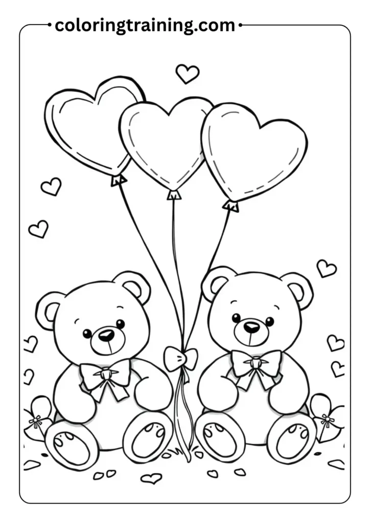 Outlined heart balloons and teddy bears with bows, in a Valentine’s Day theme for kids’ coloring pages