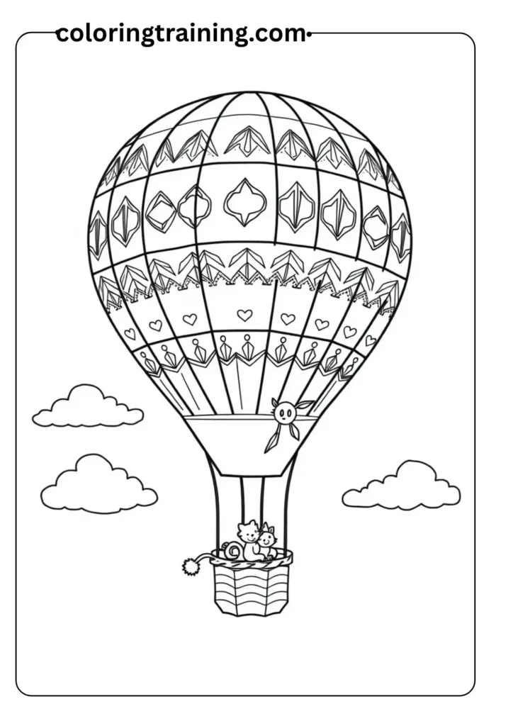 Outlined hot air balloon with patterns on the balloon and clouds around, with animals riding inside