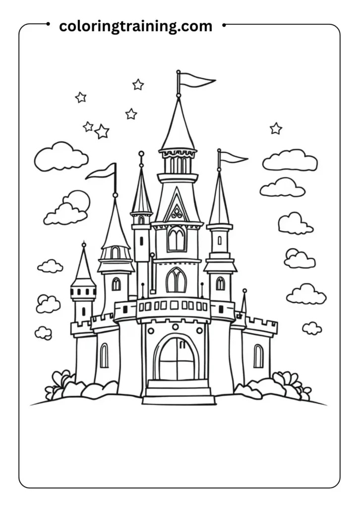 Outlined magical castle with flags, stars, and clouds around it, perfect for fairy tale-themed coloring