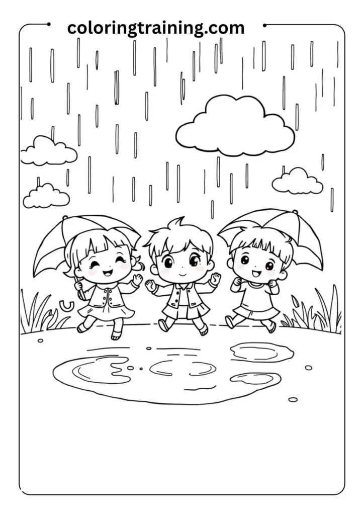 Rainy day scene with kids jumping in puddles, clouds and umbrellas, outlined for young kids’ coloring pages