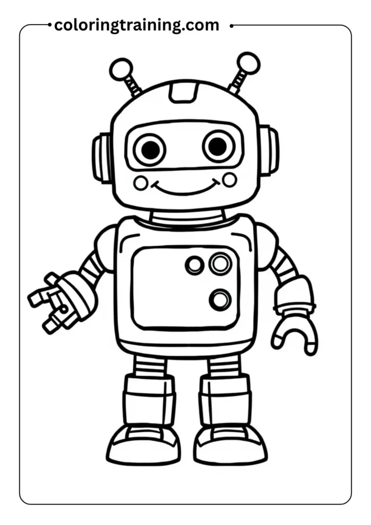 Robot with a smiley face, simple buttons and levers, in bold outline designed for toddlers to color