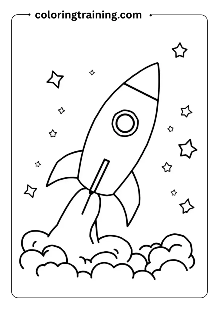 Simple line art of a rocket ship blasting off with clouds of smoke and stars around, in bold kids’ style