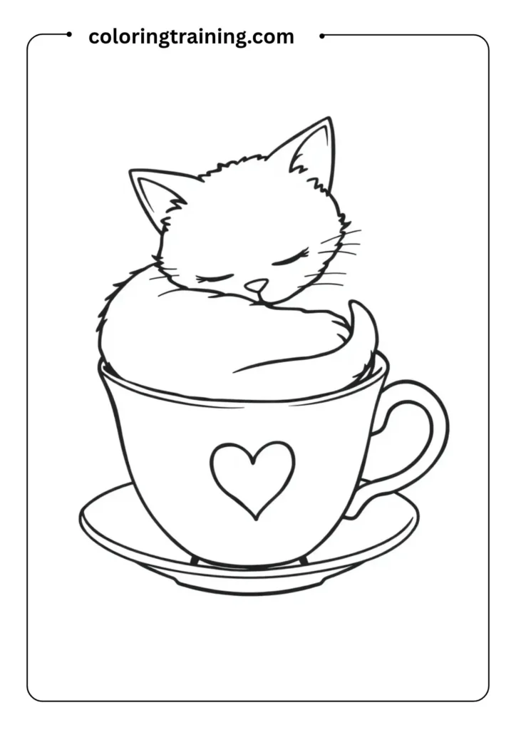 Simple outline drawing of a cat curled up in a teacup, with whiskers and a small heart on the cup,