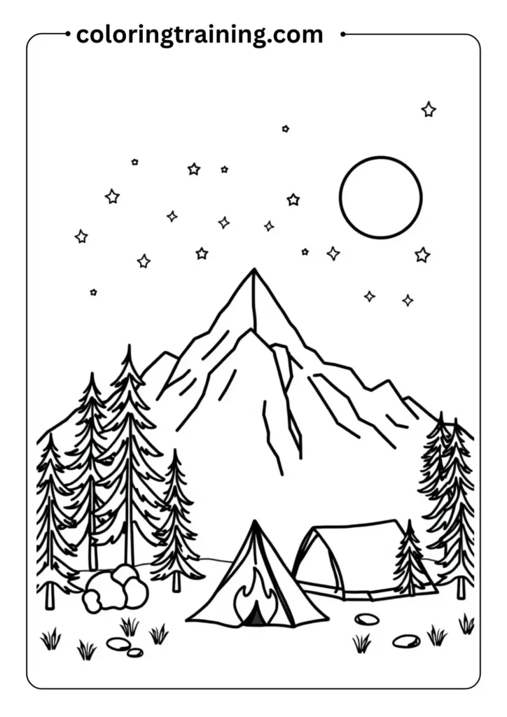 Simple outlined mountain scene with pine trees, stars, and a tent, in a cute outdoor adventure coloring page look