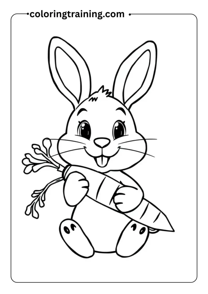 Smiling bunny holding a carrot, with long ears and big round eyes, designed in simple black-and-white line art