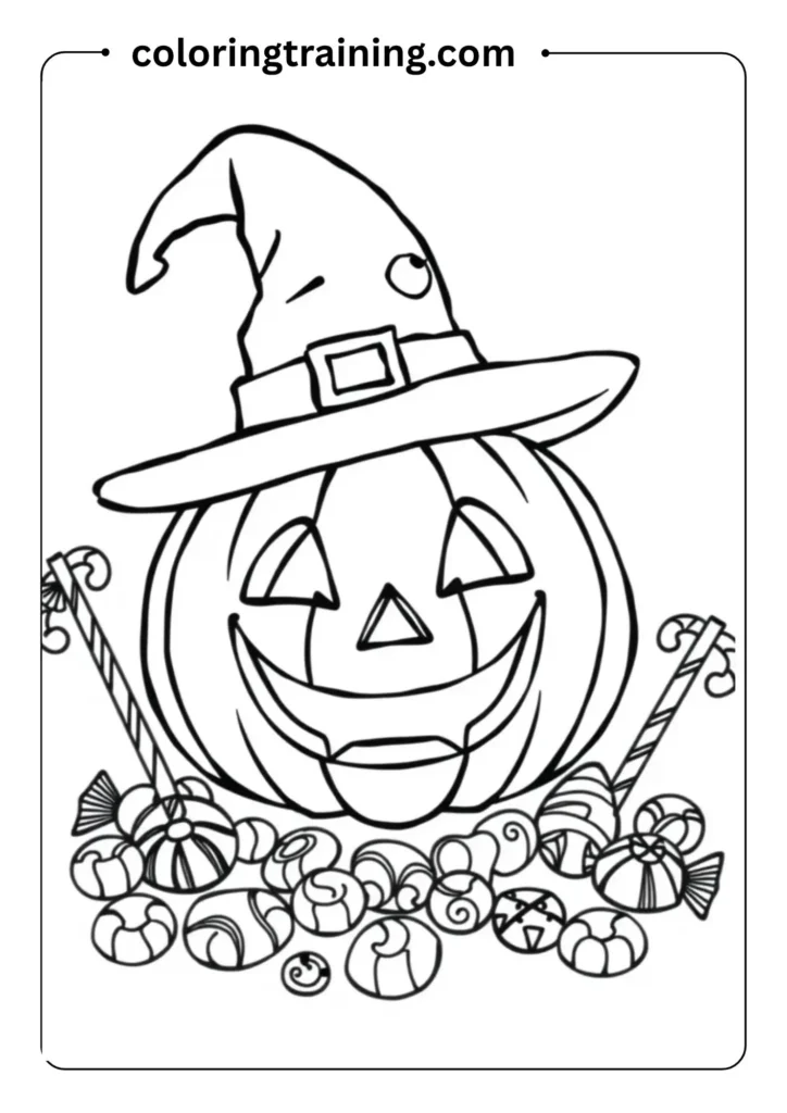 Smiling jack-o'-lantern with a witch hat, surrounded by candy, in easy bold outlines for Halloween coloring fun