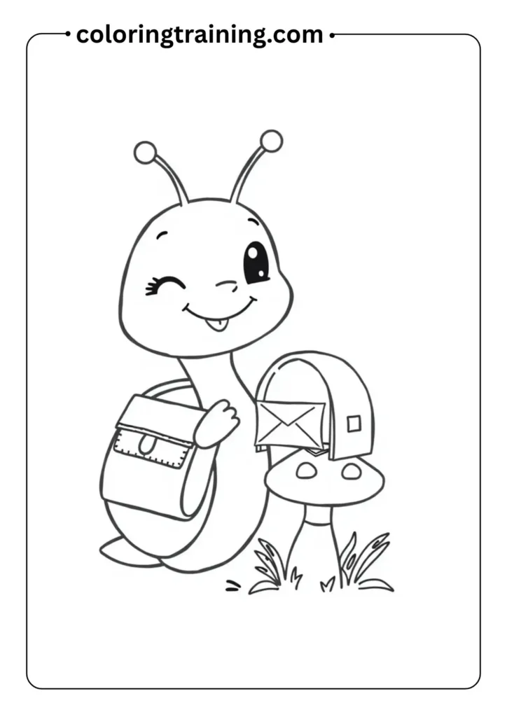 Smiling snail with a mailbag dropping a letter into a tiny mushroom mailbox,