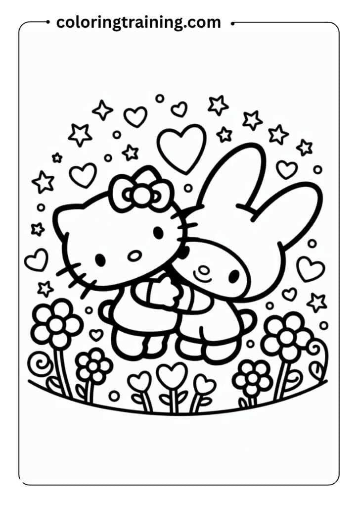 Hello Kitty and My Melody hugging, surrounded by stars and hearts, kawaii outline art for coloring