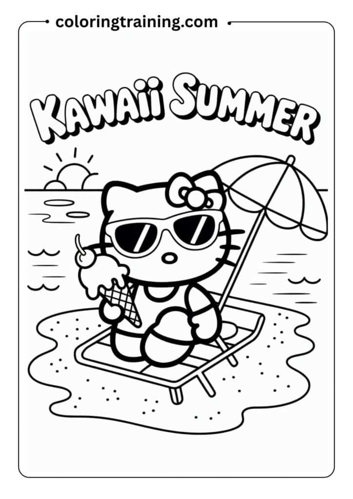 Hello Kitty at the beach with sunglasses and ice cream, kawaii summer theme, outlined drawing for printable page