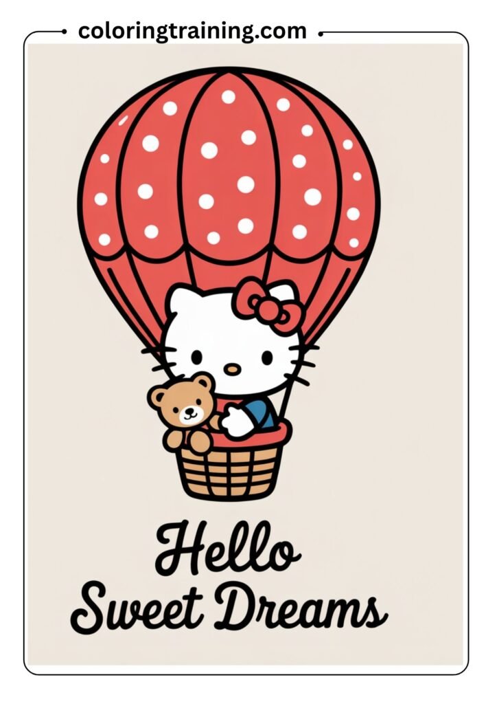 Hello Kitty flying in a hot air balloon, holding a teddy bear, black-and-white outline, no background