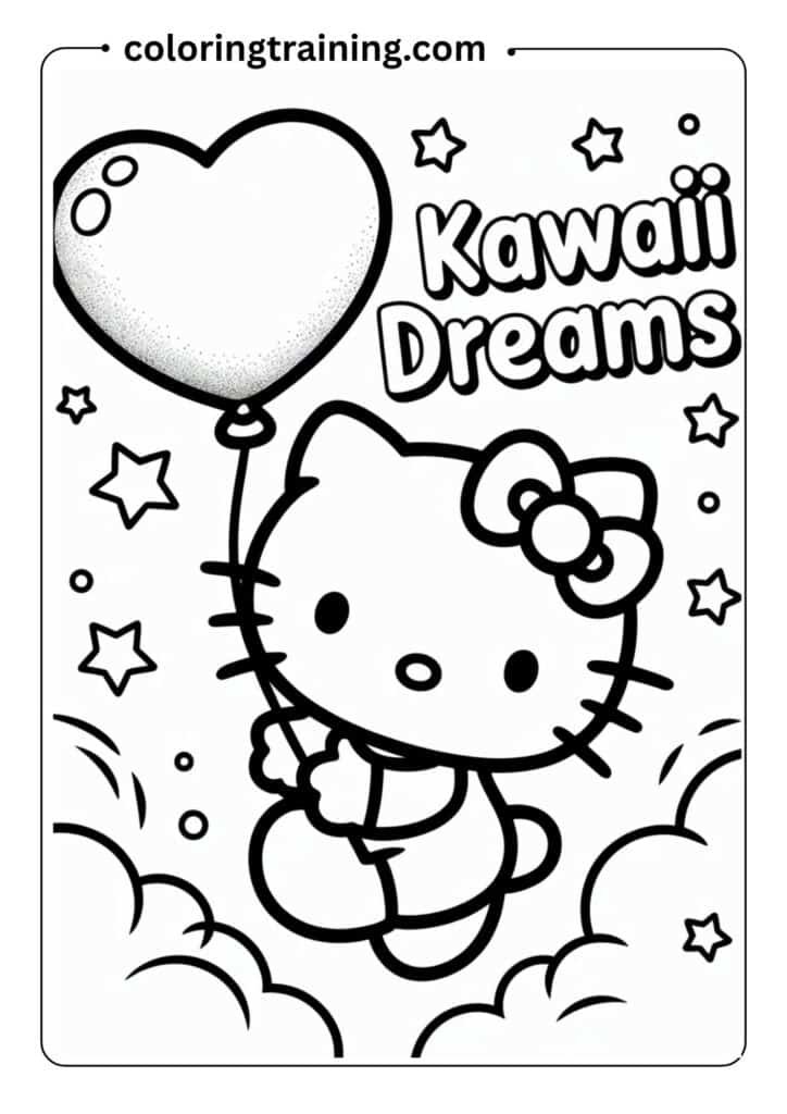 Hello Kitty holding a heart-shaped balloon, smiling, outlined drawing, kawaii style for kids_ coloring page