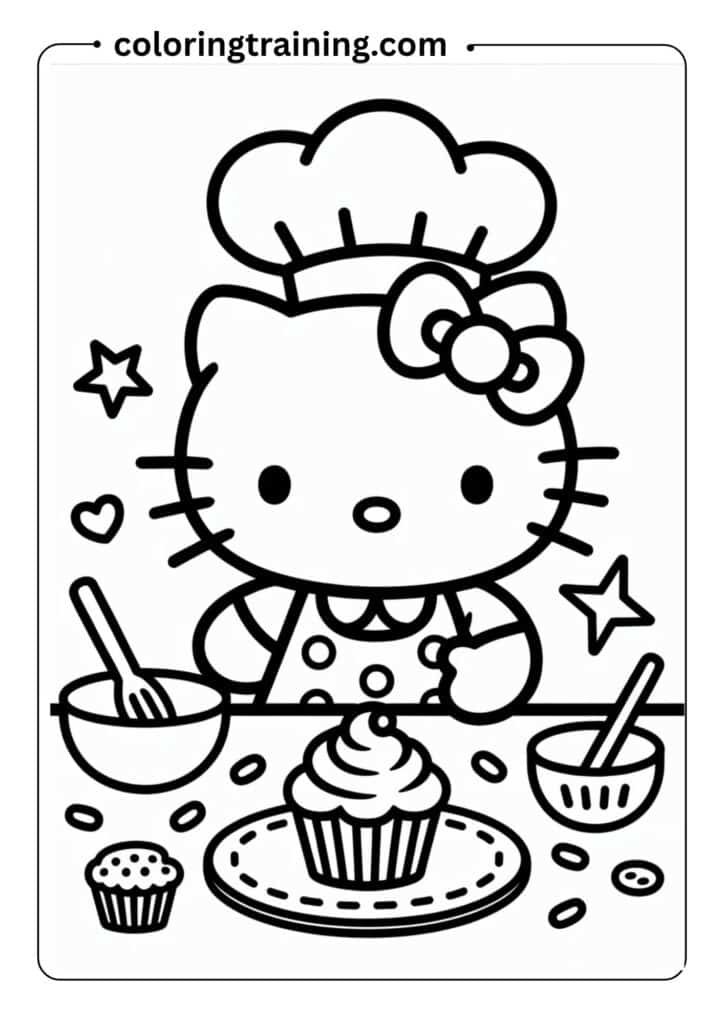 Hello Kitty in a cute chef outfit, baking cupcakes, kawaii cartoon style, simple background, line art for coloring