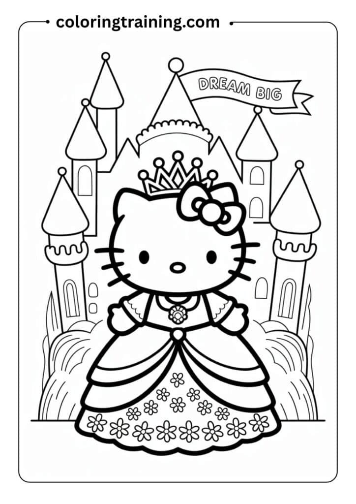 Hello Kitty in a princess dress with a tiara, castle in the background, simple outline, for fairy tale coloring page