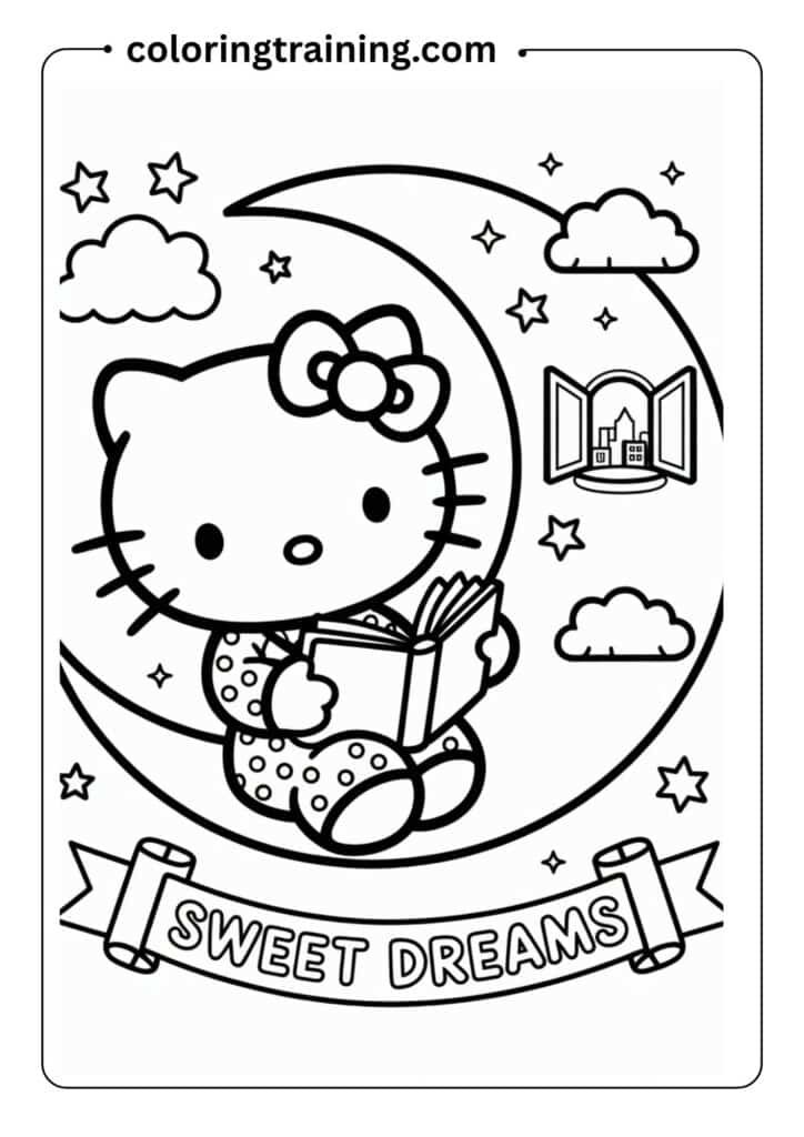 Hello Kitty in pajamas reading a book, sitting on the moon, kawaii bedtime coloring page design