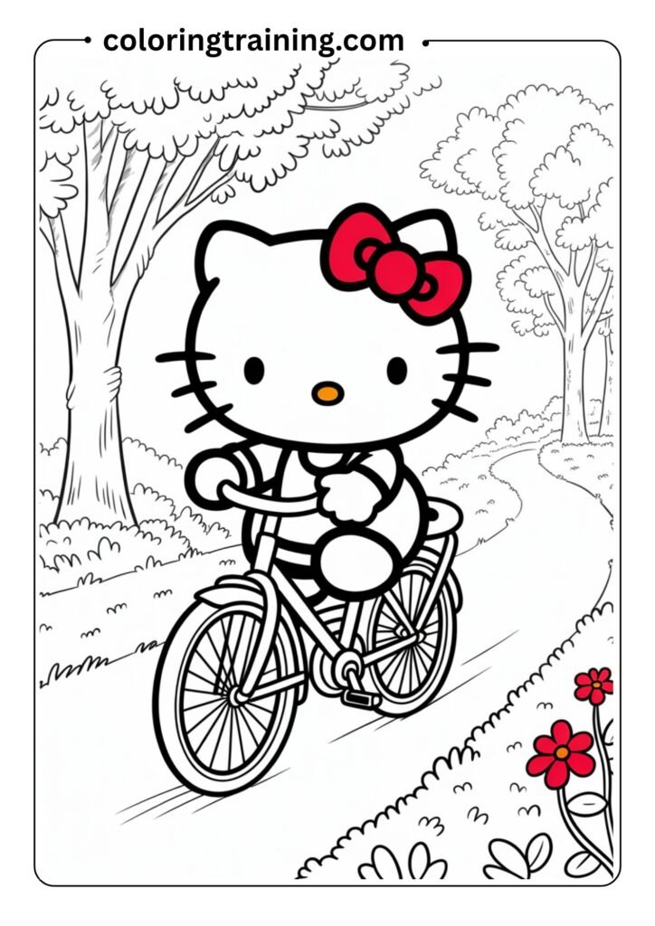 Hello Kitty riding a bicycle through a park, smiling, clear and simple line art