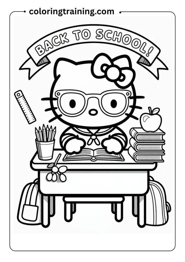 Hello Kitty sitting at a school desk with books and pencils, wearing glasses and a school