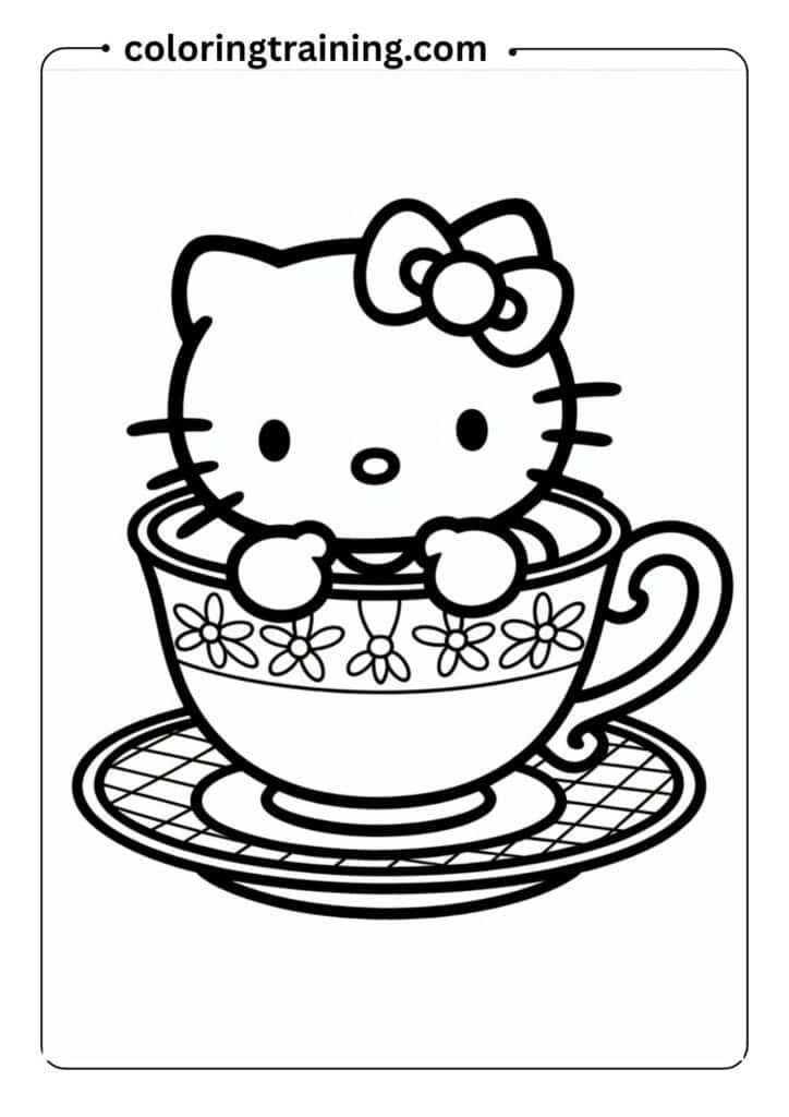 Hello Kitty sitting in a teacup, cute expression, black-and-white line art, simple background, printable coloring sheet